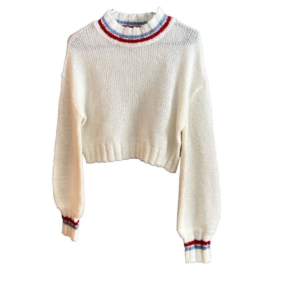 Derek Heart Cream Crop Sweater with Blue‎ and Red Stripes Size Medium